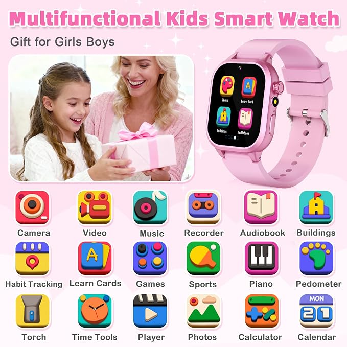 Kids Smart Watch Girls Gift for Girl Aged 5-12, 40 Games HD TouchScreen Kids Watch with Video Camera Music Pedometer Audiostory Learn Card Toys Birthday Gifts for Girls Ages 5 6 7 8 9 10(Pink)