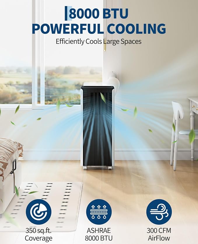 8000 BTU Portable Air Conditioner - 3 in-1 AC Unit Cools 350 Sq. Ft Rooms, Quiet 50 dB Operation w/Touch Control & Remote, Window Kit & 24H Timer, Dehumidifier & Fan Modes for Bedroom, Black Top