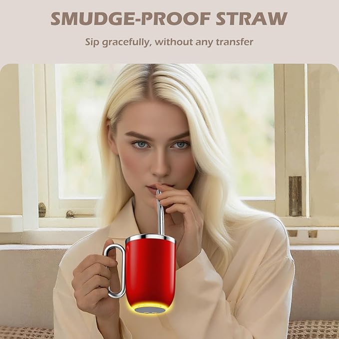 Self Stirring Mug - 4-Color Temp Display Magnetic Electric Auto Mixing Stainless Steel Cup with Straw & Lid For Office/Kitchen/Home/Coffee/Milk- 14.2oz/420ml(Red)