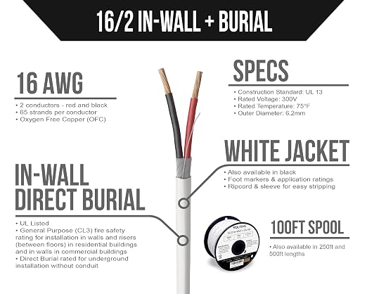 Voltive 16/2 Speaker Wire, in-Wall CL3 & Direct Burial, White, 100ft - 16AWG, 2 Conductors, Stranded Oxygen-Free Copper, UL Listed - V-1210-2
