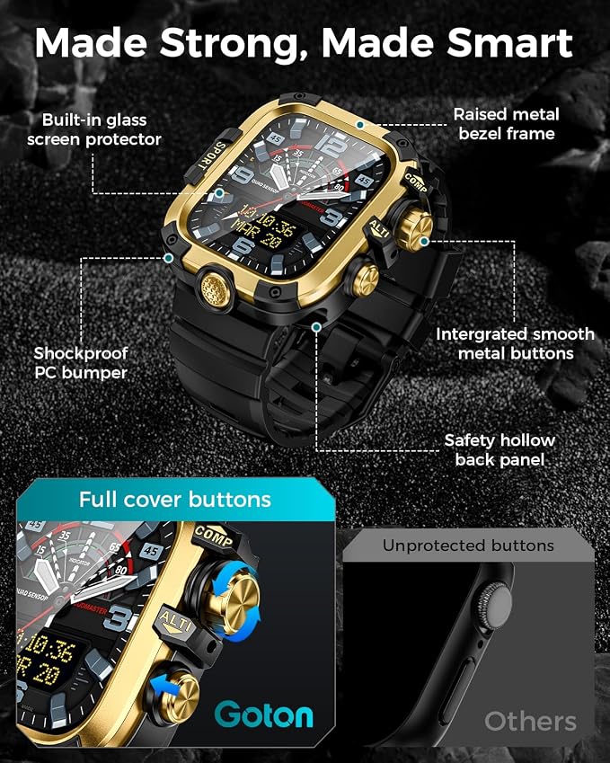 Goton Rugged Case and Band Kit with Screen Protector for Apple Watch 46mm, Compatible with Apple Watch Series 11/10, Full Body Shockproof Metal+PC Bumper Cover with Soft Band, 46mm Gold