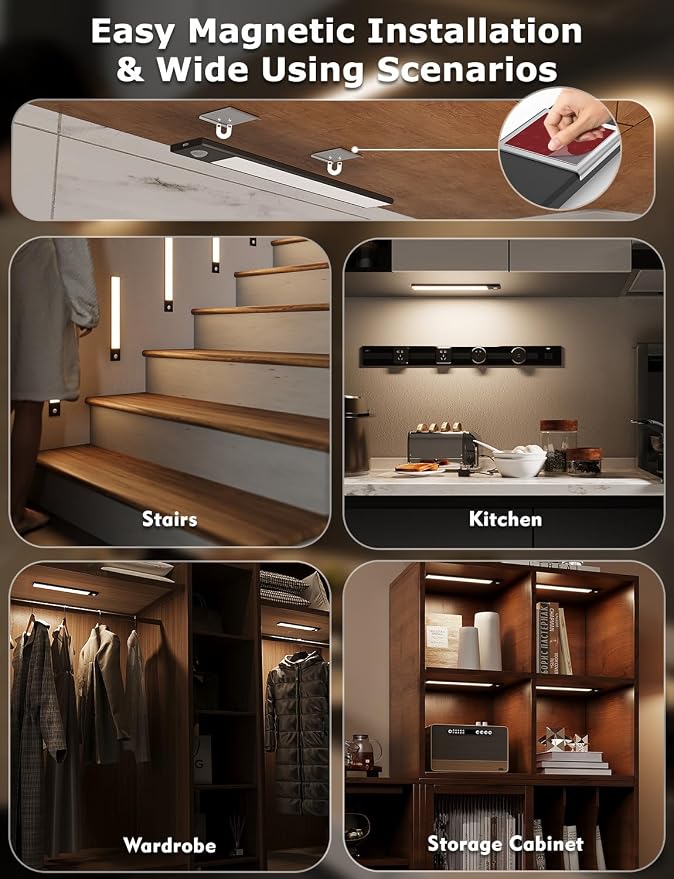 12" Ultra-Thin Under Cabinet Lighting Cordless, Aluminum Alloy Under Counter Lights for Kitchen, 3-Color-Temps Magnetic Closet Lights, Rechargeable Motion Sensor Light Indoor (8 Pack, Black)