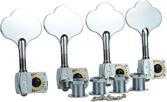 Guyker Bass Tuners (4 for Right) - 1:22 Ratio Gear Open Frame Bass Drop Locking Machine Head Tuning Key Pegs Replacement for Electric Jazz Guitar Bass or Precision Instruments, BB100 Chrome