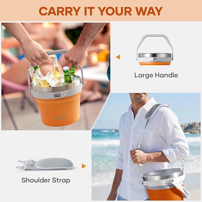 BUZIO 7 L Ice Bucket with Lid, Scoop, Tongs & Metal Stainless Steel 14 oz Cups, Keep Cold for 48 Hrs, Double Wall Vacuum Insulated Large Beer Bucket for Parties Cocktail Bar, Orange