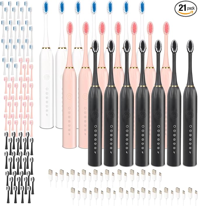 21 Pack Adult Electric Toothbrush Rechargeable Sonic Electric Toothbrush with 4 Brush Heads 6 Modes Timer Function IPX7 Waterproof 3 Colors