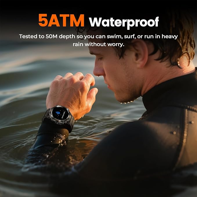 WalkerFit Outdoor Smart Watch for Men, 1.43" AMOLED Black Silicone Band, 5ATM Waterproof for Hiking Climbing Trail Run Swim, 170+ Sports, Compass Heart Rate SpO2, Adventure Watch for iPhone Android