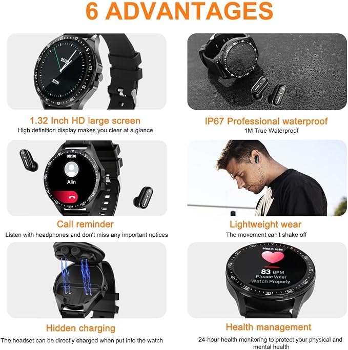 Smart Watch with Earbuds, 1.32 Inch Round Fitness Watch X10, 2 in 1 Bluetooth Watch with Step,Calories,Sleep Monitor,Heart Rate Blood Pressu-re Monitor for iOS & Android