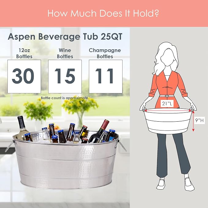 BREKX Aspen Stainless Steel Silver Beverage Tub with Stainless Steel Serving Tray - Heavy-Duty Metal Ice and Drink Bucket for Parties, Large Champagne Bucket with Tray for Mimosa Bar Supplies
