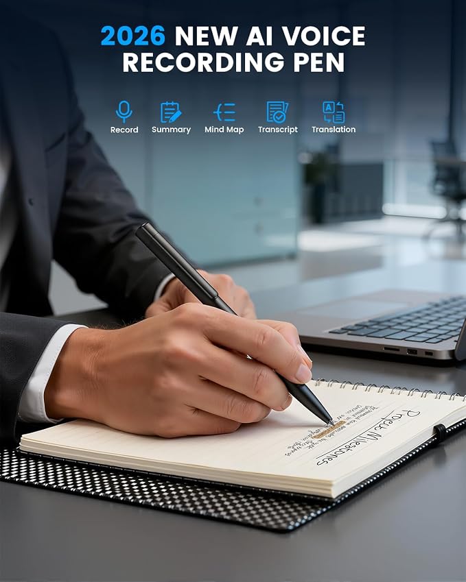 AI Voice Recorder Pen with App Control, 64GB Note Sound Recorder with Transcribe, Mind Mapping & AI Summary, Supports 103 Languages, Audio Activated Recorder for Lectures, Meetings, Calls