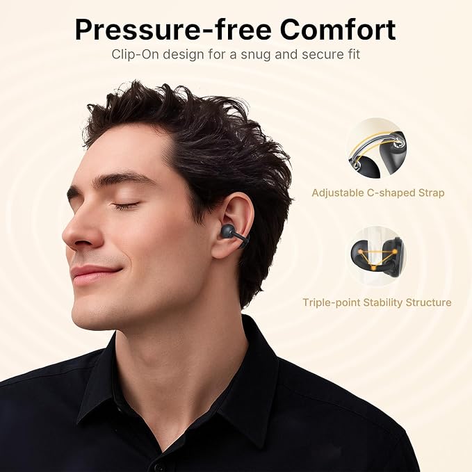 EarFun Clip Open Ear Earbuds, Wireless Clip On Headphones, Adaptive Comfort with Secure Fit, Bluetooth 6.0, LDAC, Hi-Res Audio, 2 Mics AI ENC Call, 40H Playtime, Earbuds for Sports, Running, Black