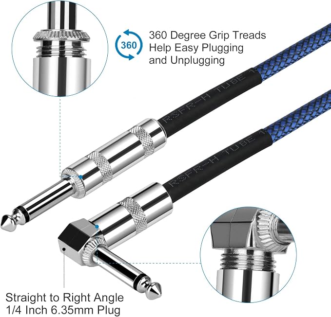 JOLGOO 1/4 Inch Cable Guitar Cable 10 Ft Straight to Right Angle 1/4 Inch 6.35mm Plug Bass Keyboard Instrument Cable Blue and Black Tweed Cloth Jacket, Electric Mandolin, pro Audio