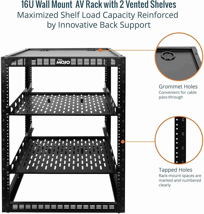 Tecmojo 16U Open Frame Network Rack for IT & AV Gear, AV Rack Floor Standing or Wall Mounted,with 2 PCS 1U Rack Shelves & Mounting Hardware,Network Rack for 19" Networking,Audio and Video Device