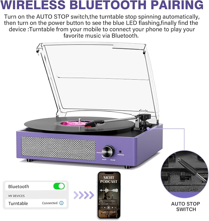 cotsoco Vinyl Record Player Bluetooth,Belt-Drive Turntable with Stereo Speakers Vintage Phonograph Vinyl Record Player 3 Speed 3 Size for Home Decoration,Aubergine