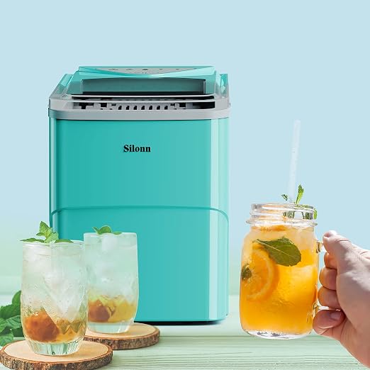 Silonn Ice Makers Countertop, 9 Cubes Ready in 6 Mins, Self-Cleaning Ice Machine with Ice Scoop and Basket, 26lbs in 24Hrs, 2 Sizes of Bullet Ice for Home Kitchen Office Bar Party, Green