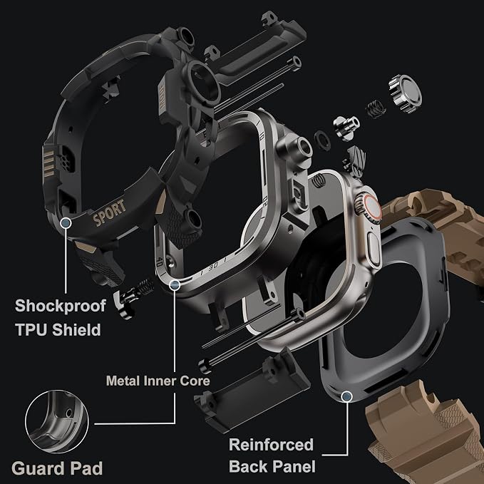 DABAOZA Rugged Case with Band Screen Protector Compatible with Apple Watch 49mm, for iWatch Ultra 3/2/1,Military Grade Shockproof Bumper and Men's Tactical Heavy Duty Strap(Desert Tan,49MM)
