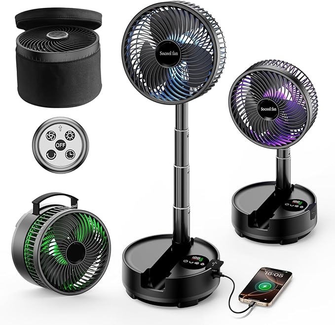 Socool 20000mAh Portable Fan Foldable Wireless Battery Rechargeable with 8-Speed & 112H, 90° Osciliating Floor Standing Fan Remote, Desk Fan with 8H Timer & LED Light for Home Kitchen Travel Camping