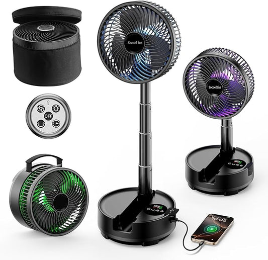 Socool 20000mAh Portable Fan Foldable Wireless Battery Rechargeable with 8-Speed & 112H, 90° Osciliating Floor Standing Fan Remote, Desk Fan with 8H Timer & LED Light for Home Kitchen Travel Camping