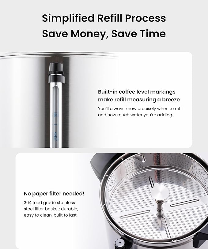 SYBO 120 Cup Commercial Coffee Urn & Hot Beverage Dispenser Stainless Steel Percolate Maker Fast Brew Keeps Warm – Ideal for Tea Water at Events Catering 18 L Metallic