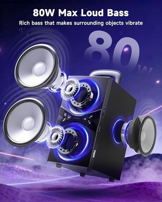 YIER Party Bluetooth Speaker:80W Peak Large Stereo Sound for Outdoor,Deep Bass,TWS,Loud with Lights,Portabe Wireless Big Speakers with Long Playtime,House,Projector,Movie