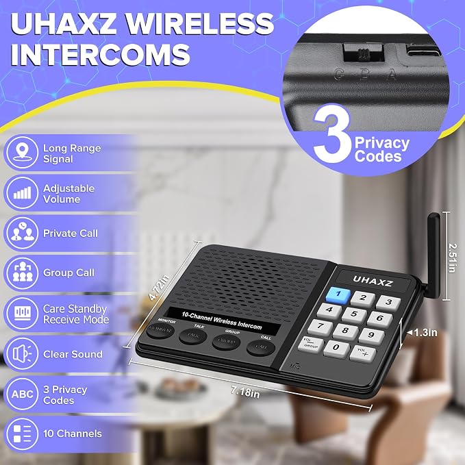 Intercoms Wireless for Home, Long Range Wireless Intercom 6000ft, Intercoms for Home with Group Call, Clear Sound, 8 Volume Levels Intercom System for House Business Office Elderly(2 Packs)