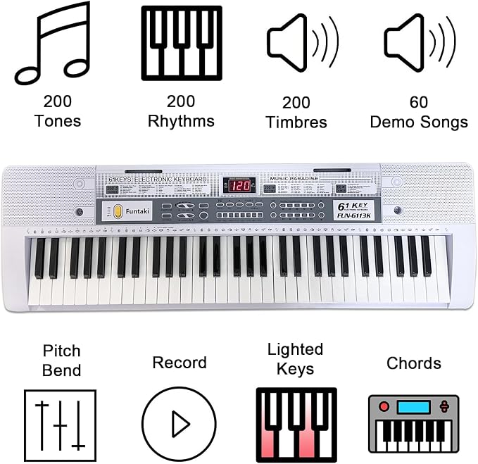 61 Key Electronic Keyboard Piano with Lighted Up Keys, Musical Mini Keyboard Piano with keyboard stand, Digital Portable Synthesizer Keyboards for Beginners Kids Adults (white)