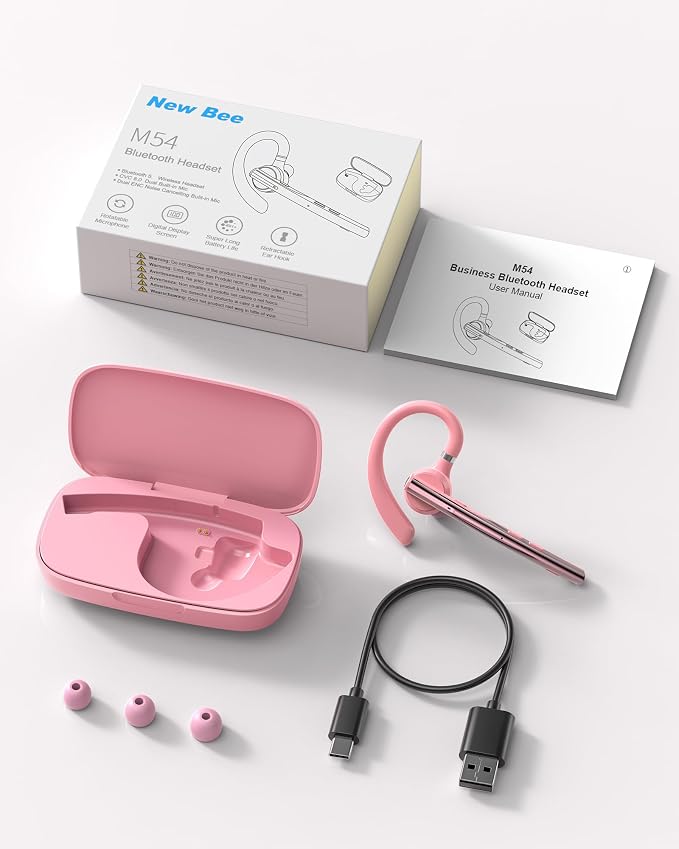 New Bee Bluetooth Headset V5.1 72H Talk Time Dual Mic with Mute Button for Business, Wireless Hand-Free Bluetooth Earpiece with 500mAh Charging Case for Cell Phone Calls Trucker Driver Laptop