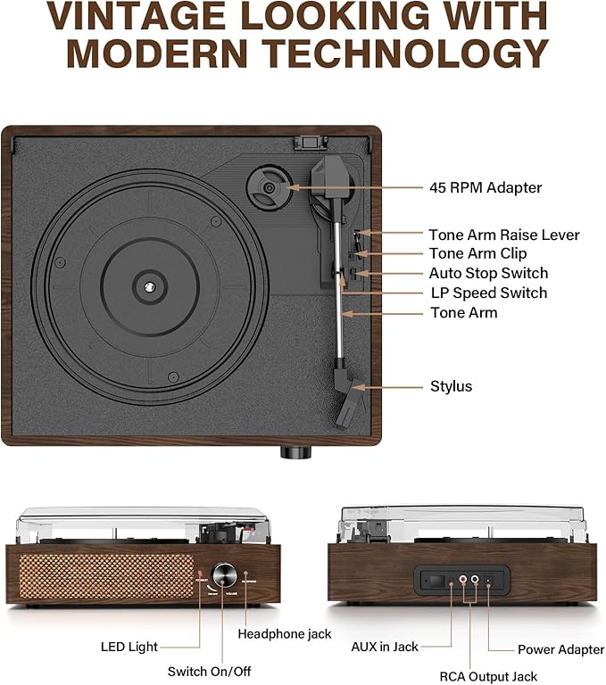 Bluetooth Vinyl Record Player,3-Speed Turntable with Stereo Speakers Vintage Phonograph Record Player, with RCA Line Out AUX in Headphone Jack Coffee Wood