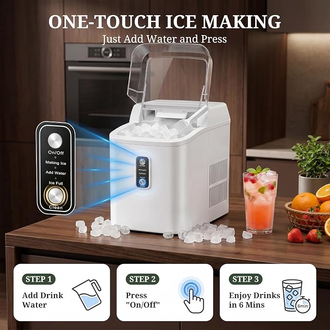 Nugget Ice Maker Countertop, 6-Min Fast Chewable Pellet Ice, 24lbs/24H Portable Ice Machine with Self-Cleaning, Ice Full & Low Water Indicator, Basket & Scoop for Home, Party, RV, Camping (White)