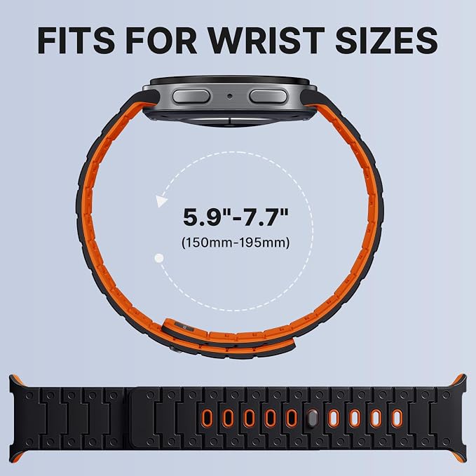 Bandletic Silicone Magnetic Band Compatible with Samsung Galaxy Watch 8 40mm 44mm / 8 Classic 46mm 2025, No Gap Soft Sport Wristbands Breathable Replacement Strap for Men Women, Black/Orange