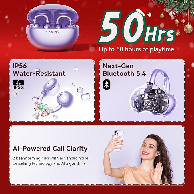 Kinglucky Open-Ear Clip-On Earbuds for Women with Detachable Holiday Bows, All-Day Comfort, Secure Fit, Lightweight Bluetooth 5.4 Wireless Earbuds 50H Playtime, Gift for Her, Clear Calls, Purple