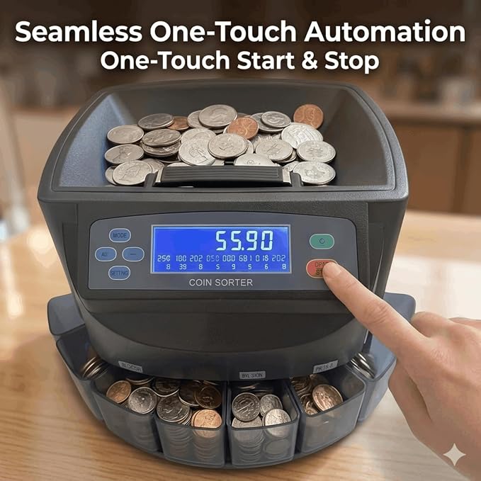 Coin Counter, 300 Coins/Minute, 500 Coins Large Capacity, Electric Coin Sorter with Digital Counting Display for Office Store Restaurant Retail Superstore Pharmacy