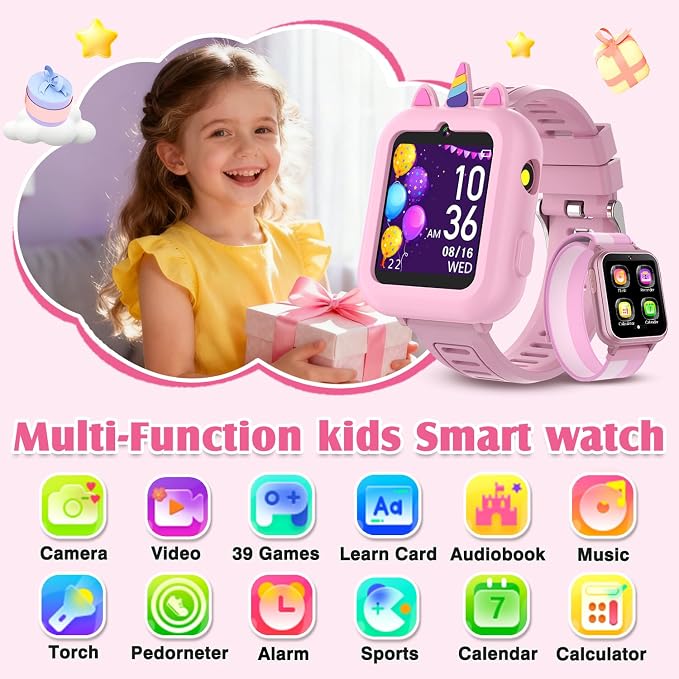 Smart Watch for Kids with 39 Games,Camera,Video,Music Player,Recorder,Alarm,Pedometer,Flashlight,Stopwatch,HD Touch Screen,Borthday Gift Toy for Girls Ages 3-12(Pink)
