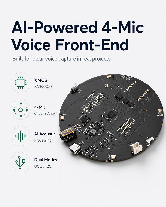 reSpeaker XVF3800 USB Mic Array with Case, 4-Microphone AI Voice Processing, Noise Cancellation & 360° Far-Field Pickup for Raspberry Pi, Jetson & AI Projects