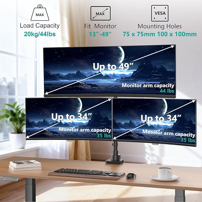 WALI Triple Monitor Mount, up to 49'' Ultrawides on Top Bracket and 34'' Screens on Side Brackets, Extra Tall 3 Monitors Desk Mount, Heavy Duty Monitor Arm up to 44 lbs (GSDM003N-P), Black