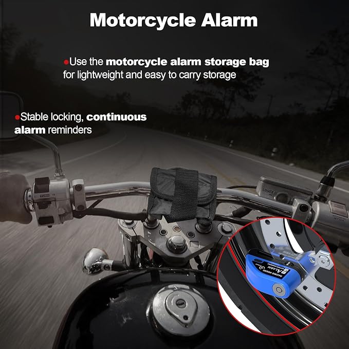 JAGASOL Motorcycle Lock Rechargeable, Alarm Disc Brake Lock with Reminder Cable, 110 dB Alarm Sound, Anti-Theft Waterproof, 2 H Fast-Charging, 9 Months Standby, 7 mm Lock Pin Universal for Bikes