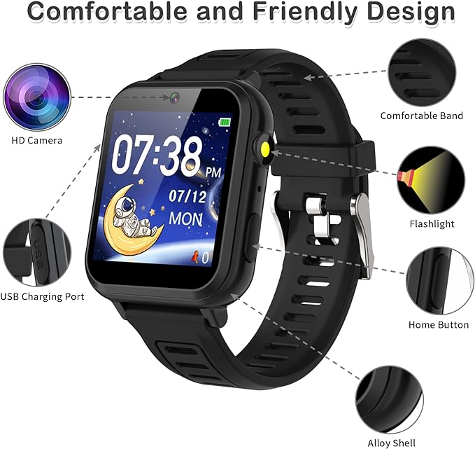 Phyulls Smart Watch for Kids, Smart Watch Toys with 39 Games Camera Video Recorder Music Alarm Calculator Calendar Flashlight Stopwatch Pedometer Gift Toys for 3-12 Years Old Boys and Girls (Black)