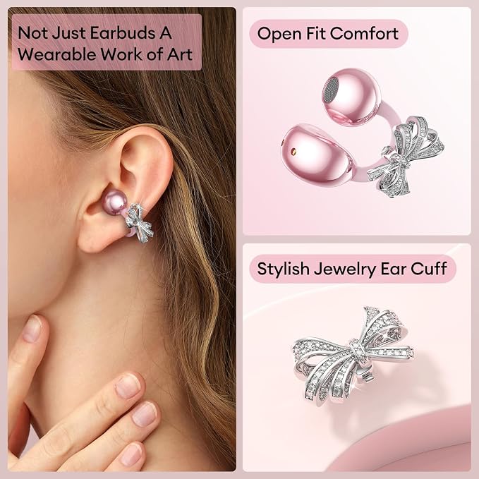 PAXA Stylish Open Ear Clip On Earbuds with Removable Butterfly Earring, Clip On Headphones with LCD Touch Screen, Fashionables Open Ear Headphones for Women, Bow Tie Earring Rose Gold Earbuds M100