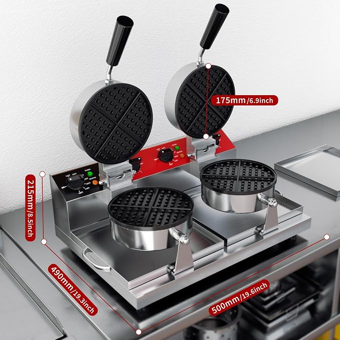 CROSSON Commercial Double Waffle Maker,Professional Dual-Head Round Belgian Waffle Maker Non-Stick Plate Machine with Temp and Time Control for Home Kitchen,Restaurant Bakeries Kitchen 120V/2600W