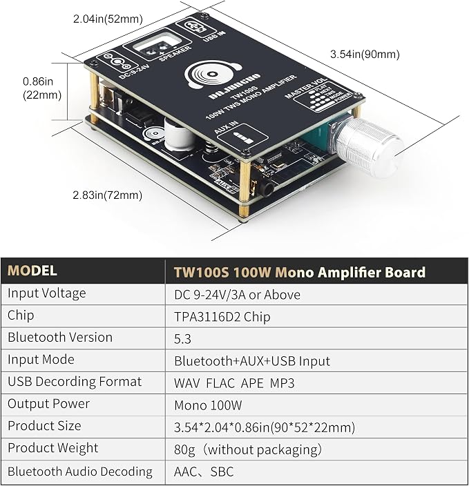 TW100S Mono Bluetooth Amplifier Board with TWS, 100W Vehicle Audio Amplifier with TPA3116, Wide Voltage Input 9-24V, Supports USB/AUX/Bluetooth Input