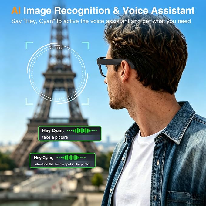 AI Smart Glasses with Camera, 8MP HD Camera & Video Recording Glasses,146 Languages Real-Time Translation,AI Voice Assistant, Object Recognition for Travel, Meetings &Vlog
