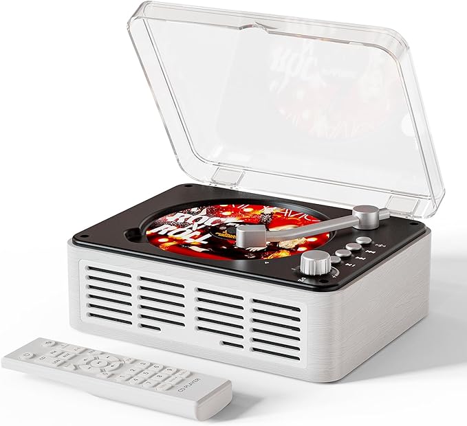 CARONSORT CD Player with Bluetooth Transmitter, Nostalgic Retro Wood Music Player, Built-in Speakers-Bass Boost, FM Radio for Home/Wired&Remote Control-White