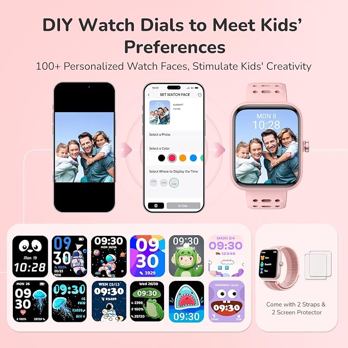 ENOMIR Smart Watch for Girls Gifts, Kids Smart Watch with Health Monitor, Activities Track & Alarm Clock Reminder, Smartwatch with Custom Design & Puzzle Games, Girls Birthday Pink (2 Bands)