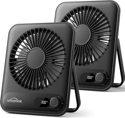 WHATOOK Desk Fan 2 Pack: 100 Speeds Stepless Control 2000mAh Battery Operated Portable Fan, Rechargeable Table Fan for Cruise Ship Essentials, Gift for Couples, Dorm, Office, Bedroom(Black and Black)