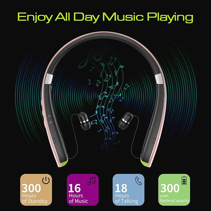 Bluetooth Headset, 2026 Upgraded Neckband Bluetooth Headphones with Retractable Earbuds, Noise Cancelling Stereo Earphones with Mic, Foldable Wireless Headphones for Sports Office with Carry Case