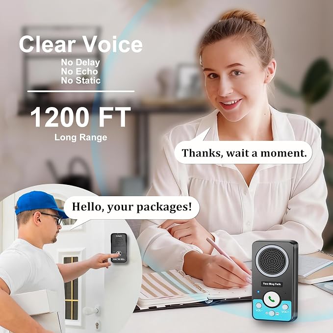 Wireless Doorbell with Speaker 2 Way Audio, Hands-Free Natural Conversation Door Bell Ringer Wireless, 1300Ft Range, 8 Level Volume, 4 Chimes, Battery Doorbell with Intercom for Home/Office/Classroom