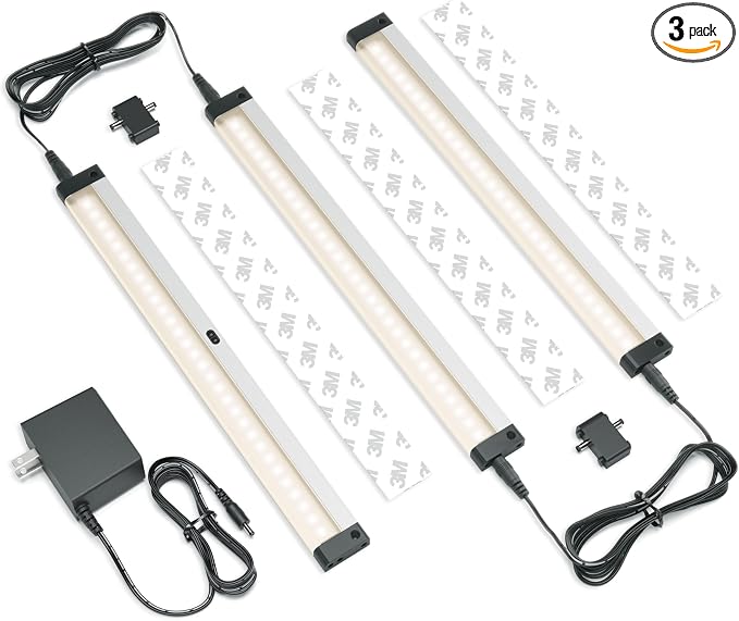 EShine Hand Wave Activated Under Cabinet LED Lighting Kit, Dimmable, 3-Pack 12 in - Touchless Dimming Control, Black Under Counter Lights for Kitchen, Garage, Office, Shelf - Warm White (3000K)