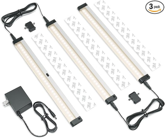 EShine Hand Wave Activated Under Cabinet LED Lighting Kit, Dimmable, 3-Pack 12 in - Touchless Dimming Control, Black Under Counter Lights for Kitchen, Garage, Office, Shelf - Warm White (3000K)