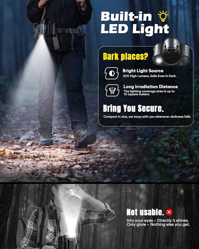 Portable Waist Fan with 360° Rotatable Air Tube, 10000mAh Clip on Personal Fan for 40H Cooling, 100+Turbo Speeds Rechargeable Battery Operated with Flashlight for Outdoor Golf Camping Travel (Black）