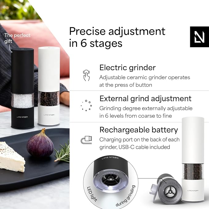 LARS NYSØM Electric Salt and Pepper Grinder Set I Automatic Salt and Pepper Mills with Adjustable Ceramic Grinder I USB Rechargeable Electric Spice Mill Set with LED Light (Black/White)
