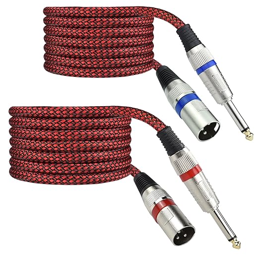 Unbalanced XLR Male to 1/4" TS Male Mono Cable, 6.6 Feet 6.35 mm Quarter Inch to 3pin XLRm Audio Cord, OFC Shield, Nylon Braided, Red Color, for Mixer/Keyboard/Electronic Drum, 2Pack